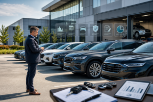 Editorial corporate scene illustrating vehicle fleet outsourcing and managed mobility: a modern business parking area with a clean row of diverse company cars and SUVs, a fleet manager holding a clipboard or tablet reviewing vehicle schedules, subtle service and logistics cues like a maintenance bay, keys, documents, and digital dashboard overlays suggesting cost control, renewal, insurance, and tracking. Show a professional office building in the background, bright daytime light, polished realistic vehicles, organized and efficient atmosphere, premium commercial photography style, high detail, natural colors, wide composition, no text, no logos, no branding.