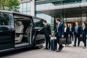 Editorial corporate transportation scene showing a premium 8-seat executive minivan parked curbside outside a modern glass office or hotel entrance, with a professional driver opening the sliding door for a small business team of 7 passengers in business attire, some carrying briefcases and one or two rolling suitcases, conveying comfort, safety, punctuality, and organized logistics. Include a sleek, modern vehicle interior glimpse with spacious leather seats, climate control vents, and a quiet premium feel; subtle signs of a coordinated airport, conference, or client transfer setting in the background. Photorealistic, high-end commercial photography, clean composition, natural daylight, polished reflections, professional color grading, no text, no logos, no branding.